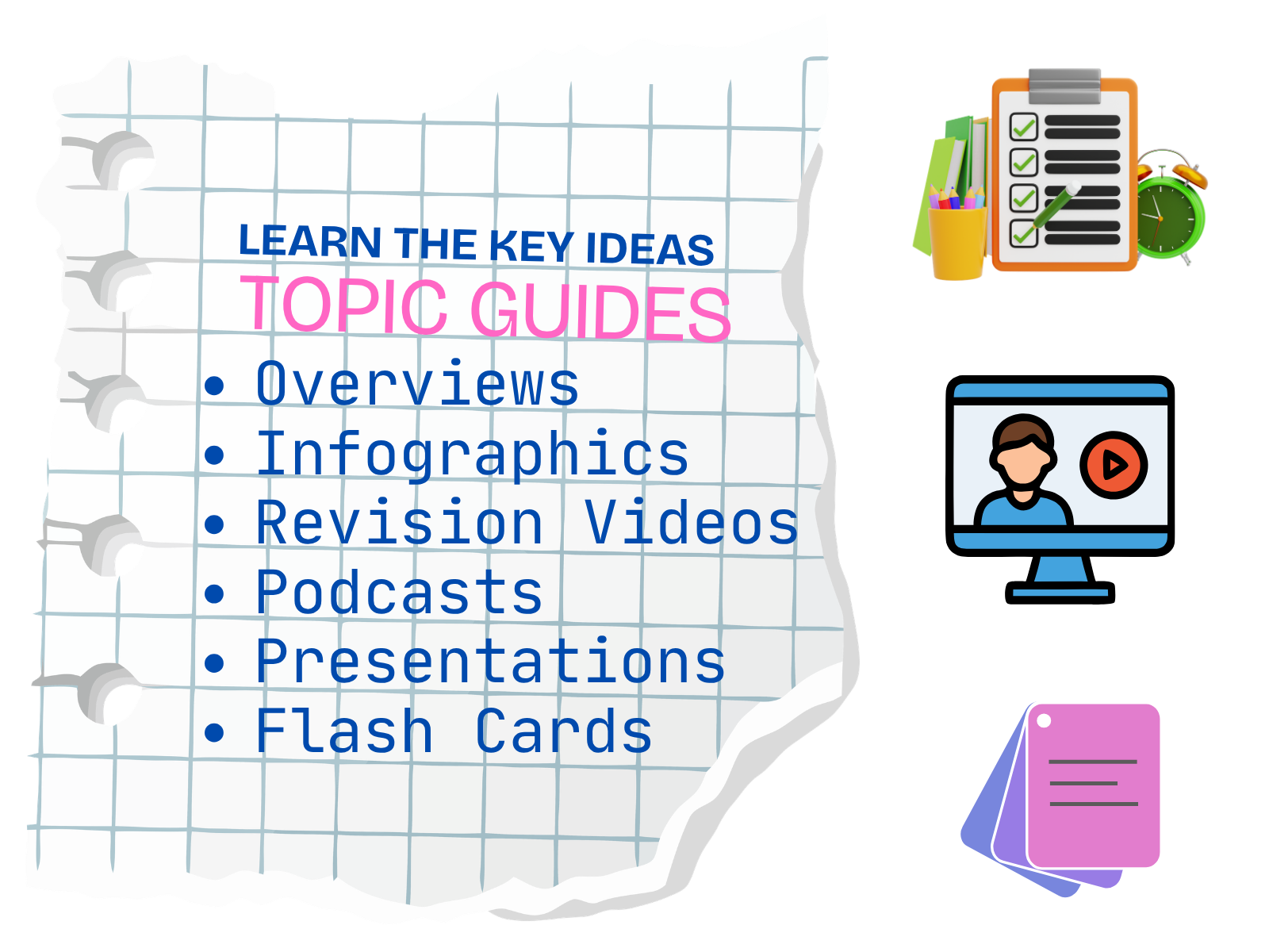 Illustration for learning content with topic guides, video and flashcards