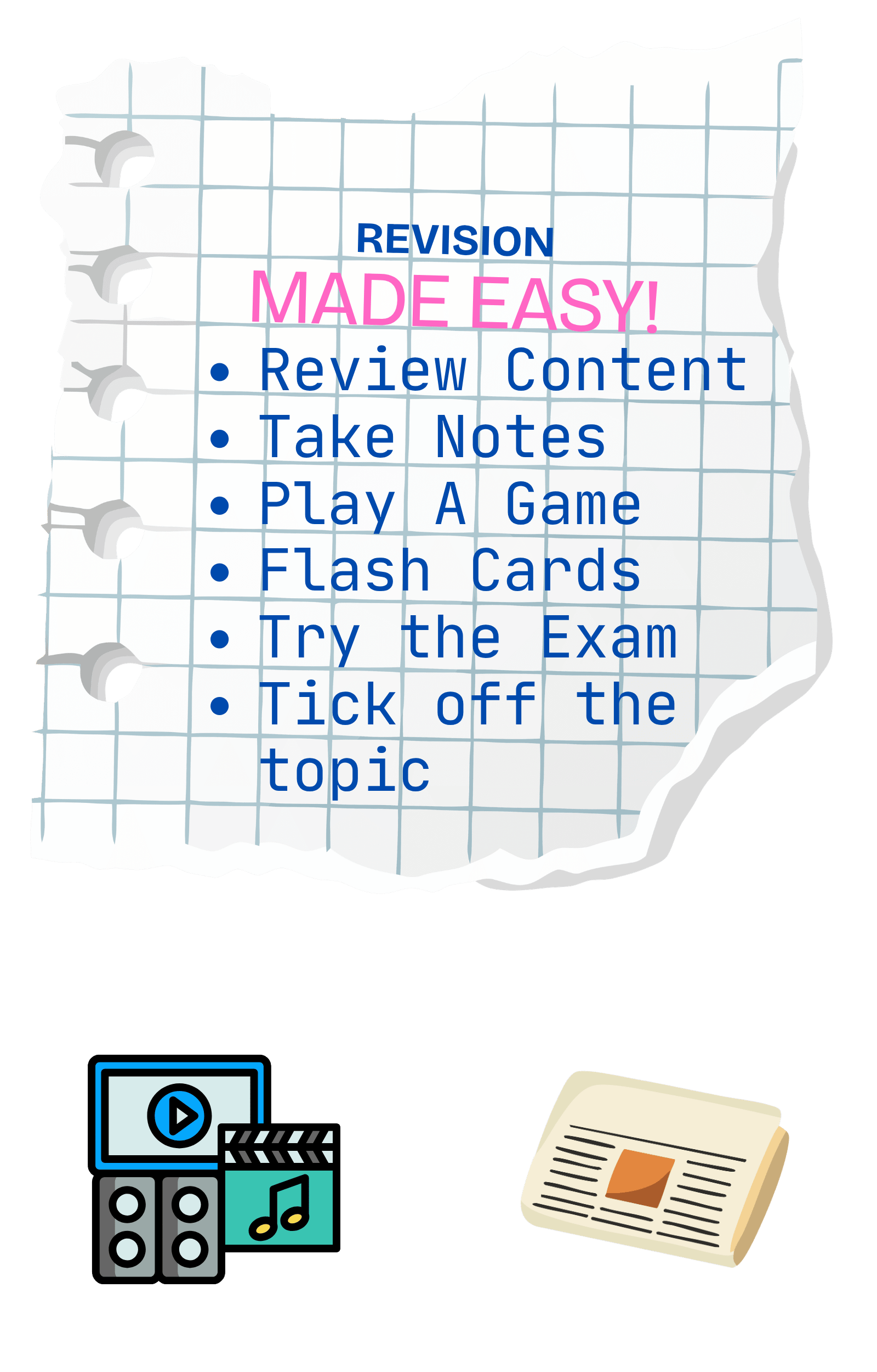 Revision made easy illustration showing reviewing content, taking notes, playing a game and trying the exam