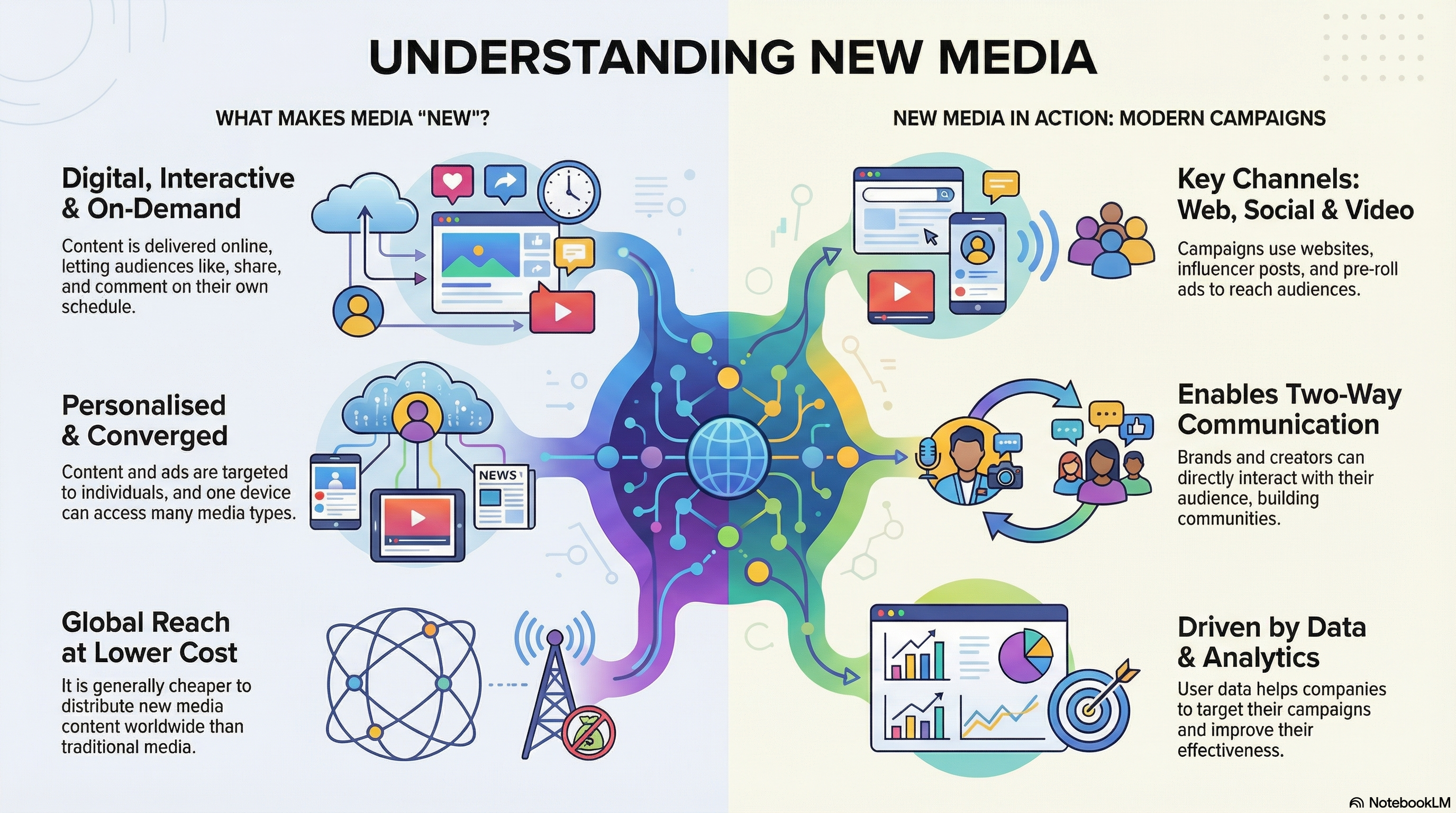 New Media infographic explaining digital, interactive, on-demand media and how it is used in campaigns