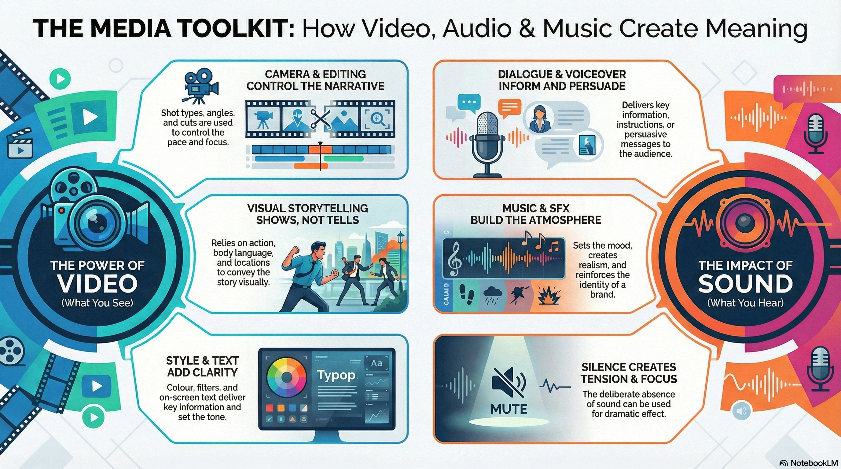 Infographic showing how video, audio and music create meaning through camerawork, editing, dialogue, sound effects and music