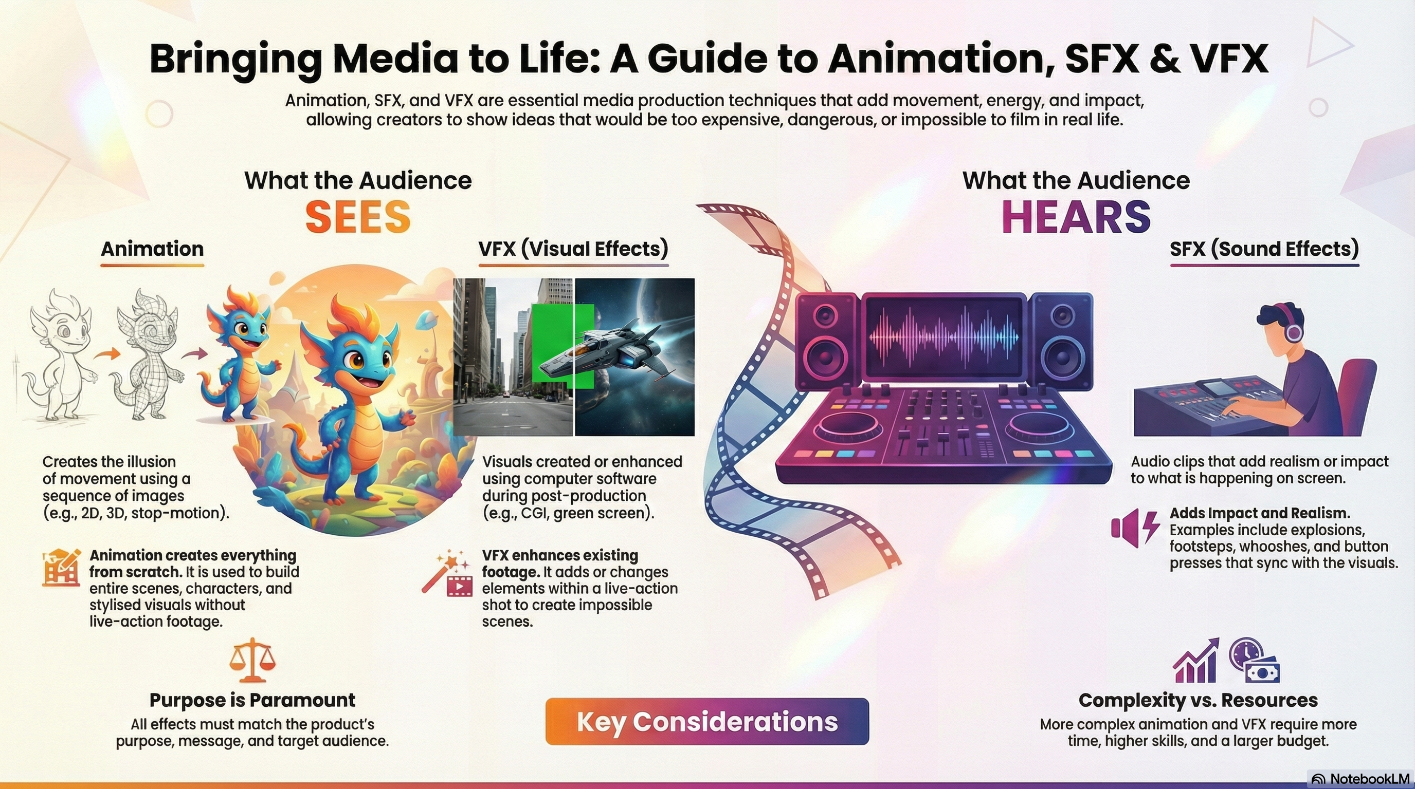 Infographic explaining how animation, SFX and VFX bring media to life and when each is used