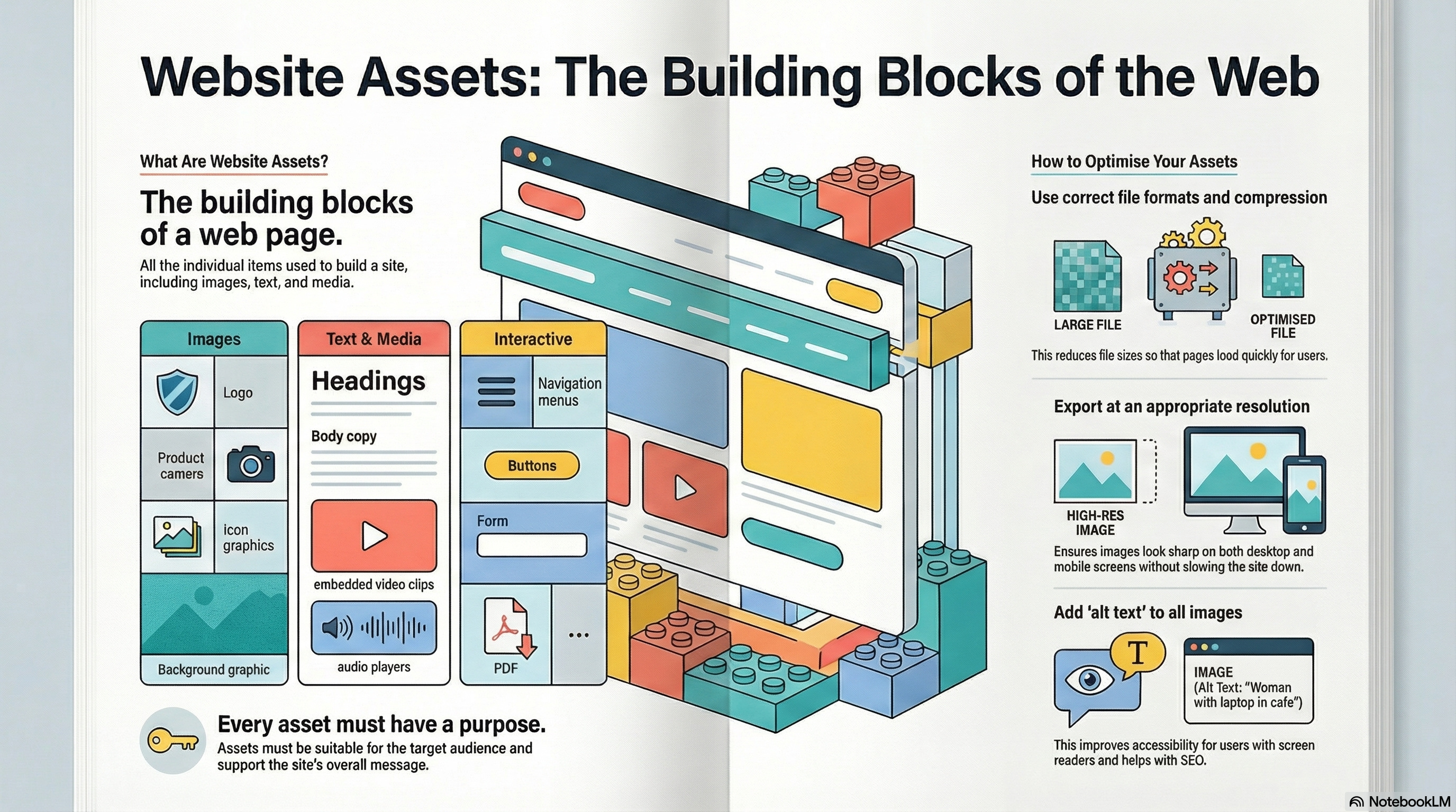 Website assets infographic showing different asset types and how to optimise them for the web