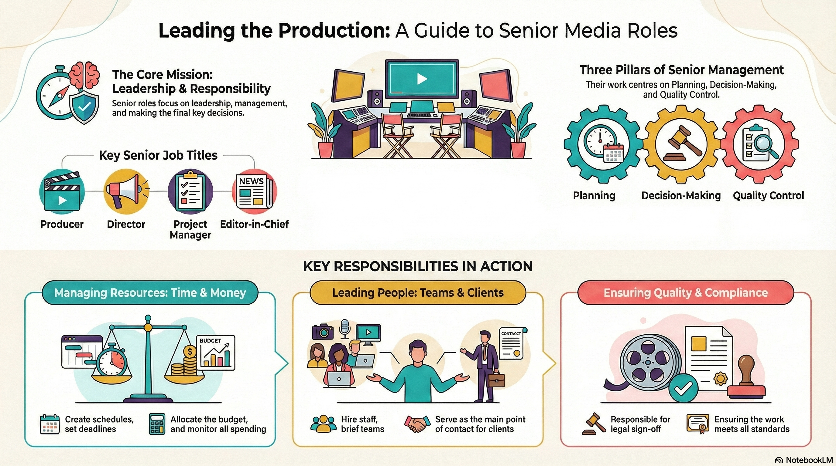 Infographic summarising senior media job roles, responsibilities and leadership tasks