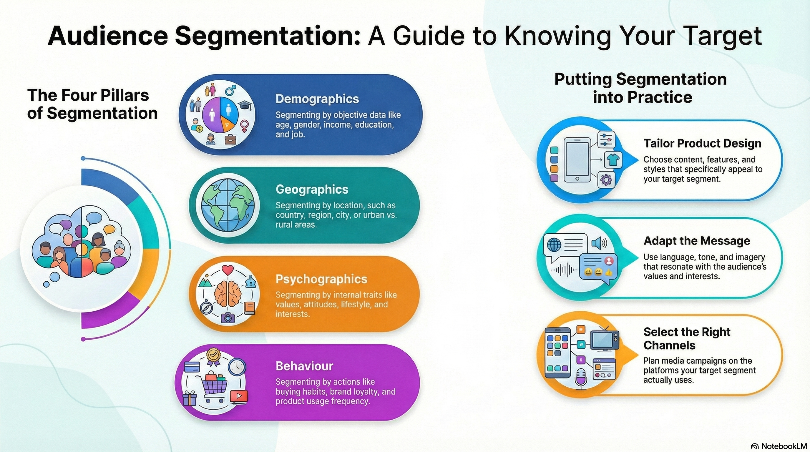 Audience segmentation infographic showing the four pillars and how segmentation is used in campaigns