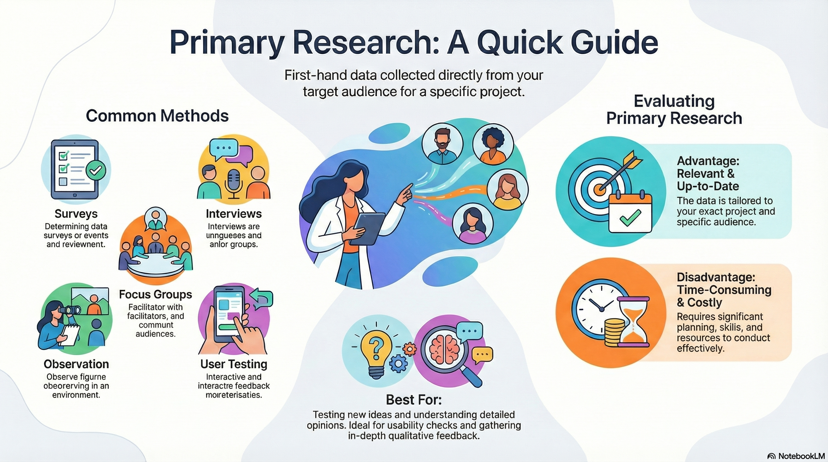 Primary research infographic showing surveys, interviews, focus groups, observation and user testing