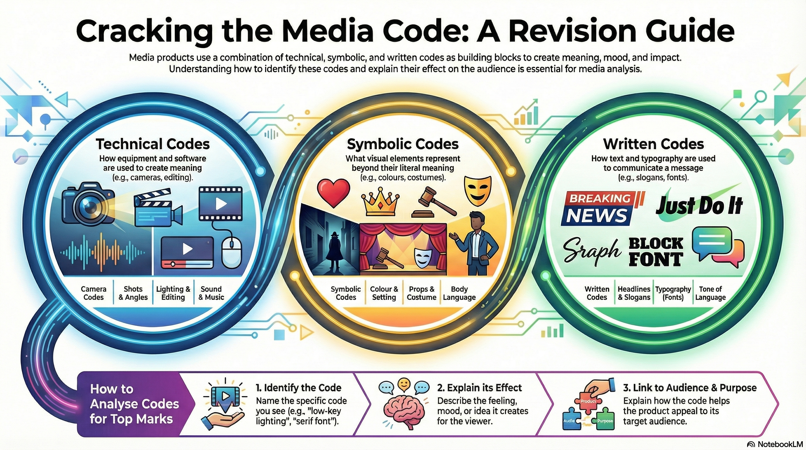 Infographic explaining technical, symbolic and written media codes
