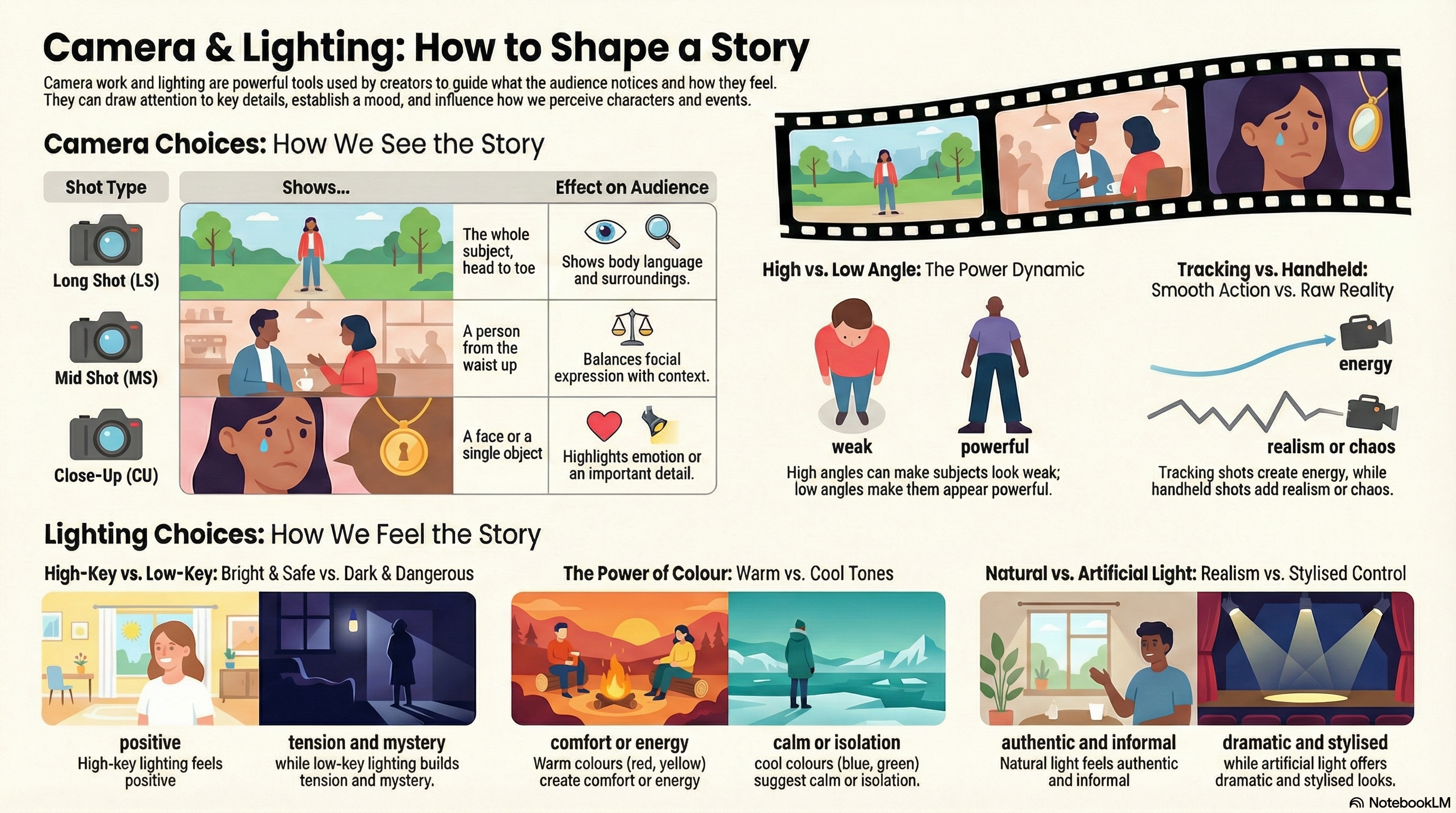 Camera and lighting infographic explaining shot types, angles, movement and lighting choices