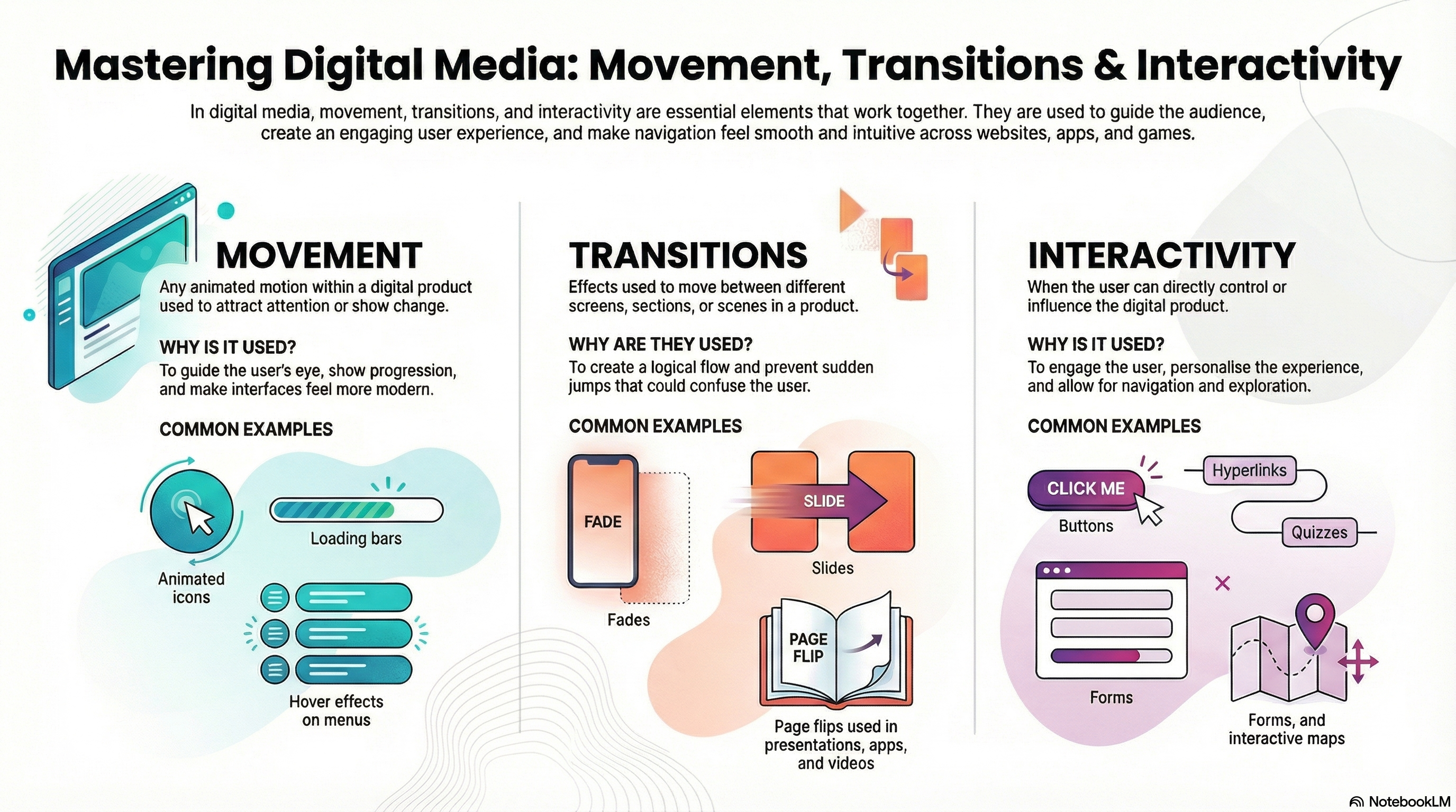 Infographic explaining movement, transitions and interactivity in digital media