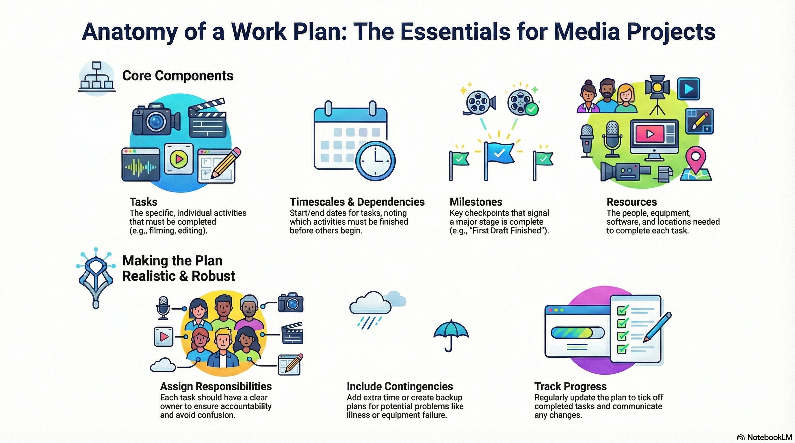 Infographic explaining the core components of a media work plan including tasks, timescales, milestones and resources