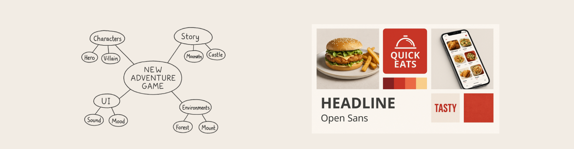 Creative desk with a mind map sketch and a mood board of images and colour swatches