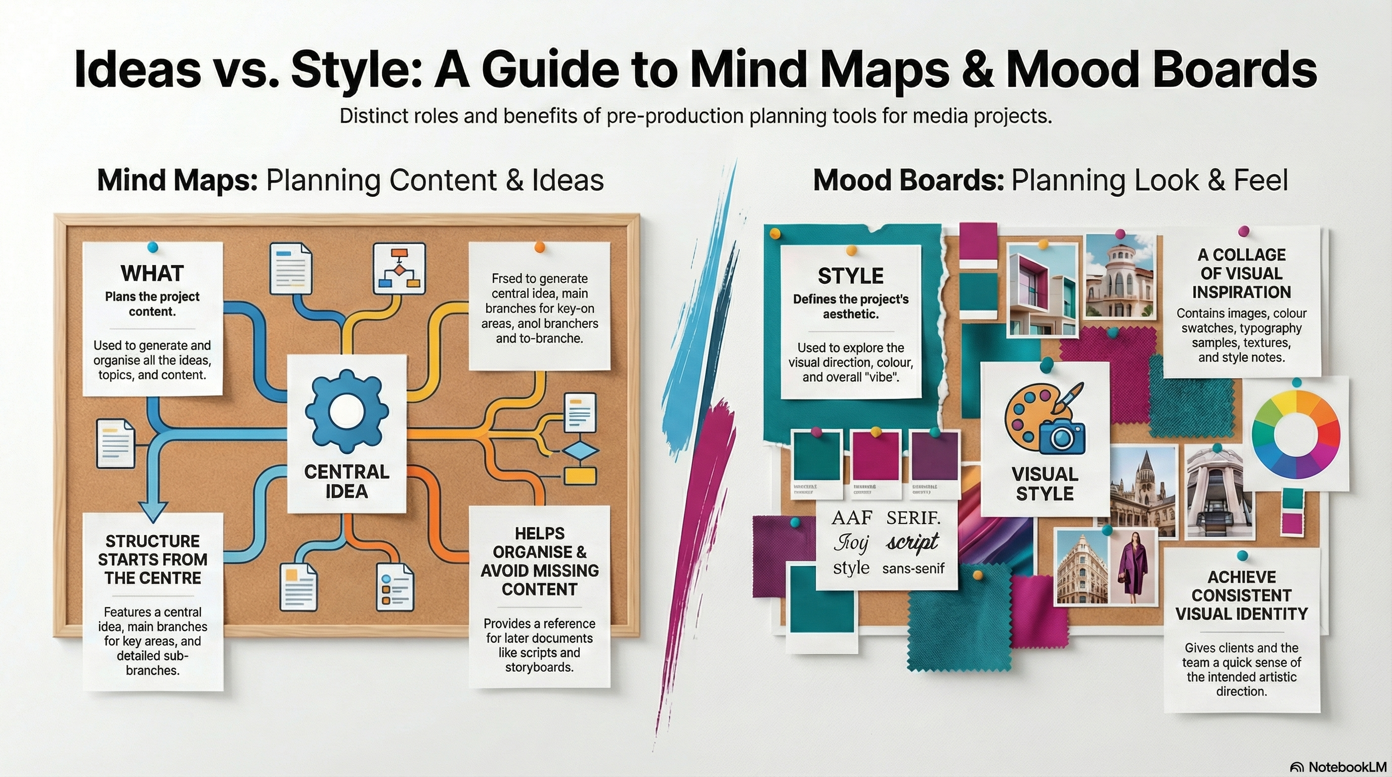 Infographic explaining the differences and uses of mind maps and mood boards in media projects