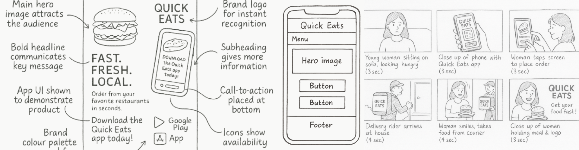 Storyboard frames, visualisation sketch and website wireframe layout on a digital workspace