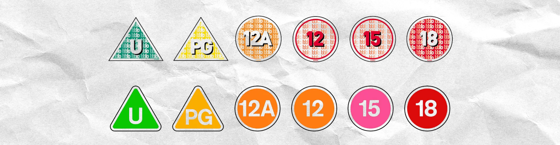 Film, game and TV icons with age rating symbols and a regulatory shield