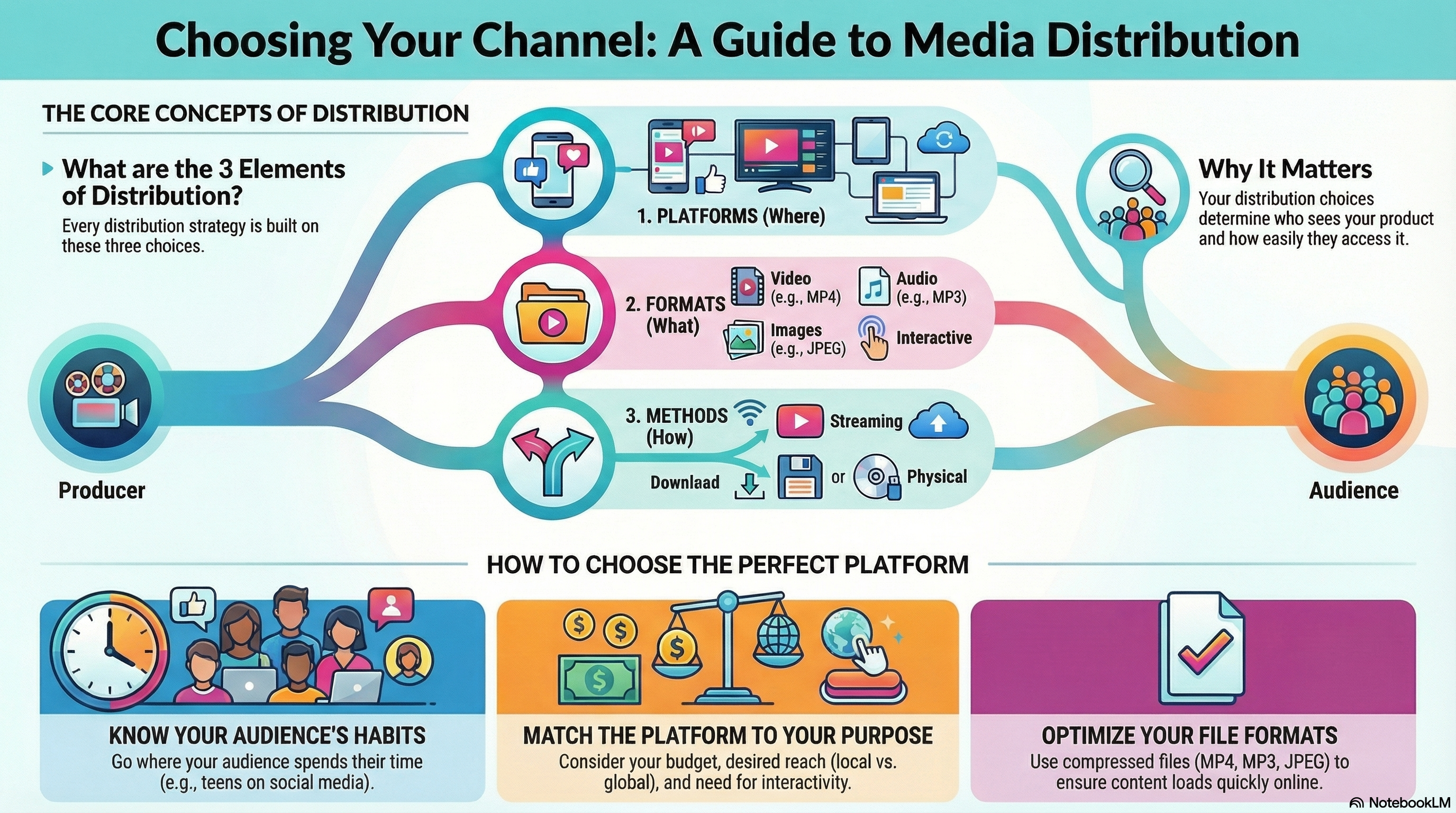 Infographic summarising distribution platforms and how they affect reach, audience and engagement