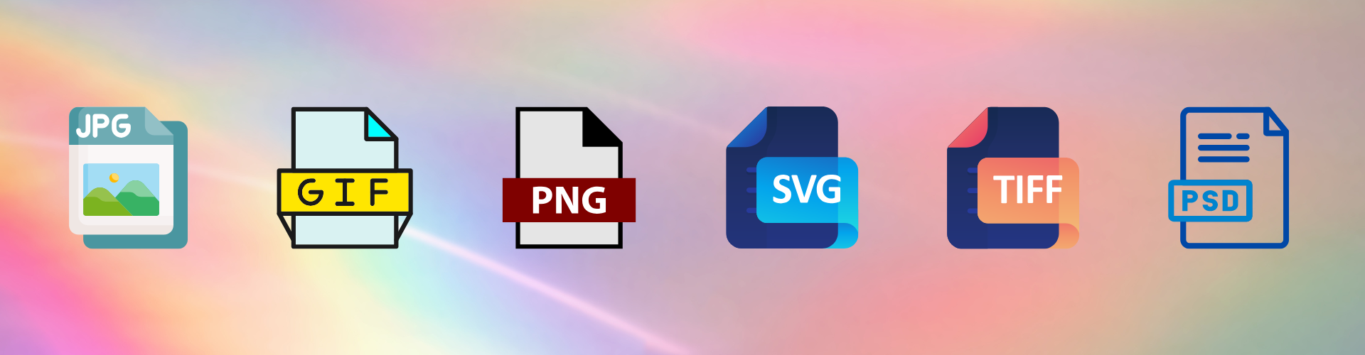 Grid of different image icons and thumbnails labelled with file types such as JPEG, PNG, GIF and SVG