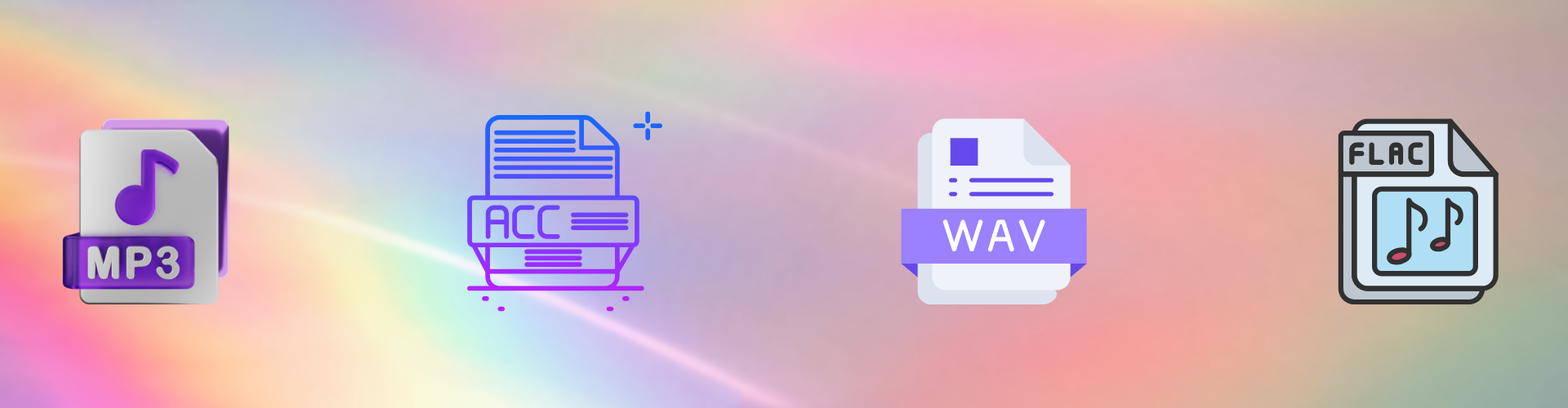 Waveforms, headphones and file icons labelled MP3, WAV and AAC